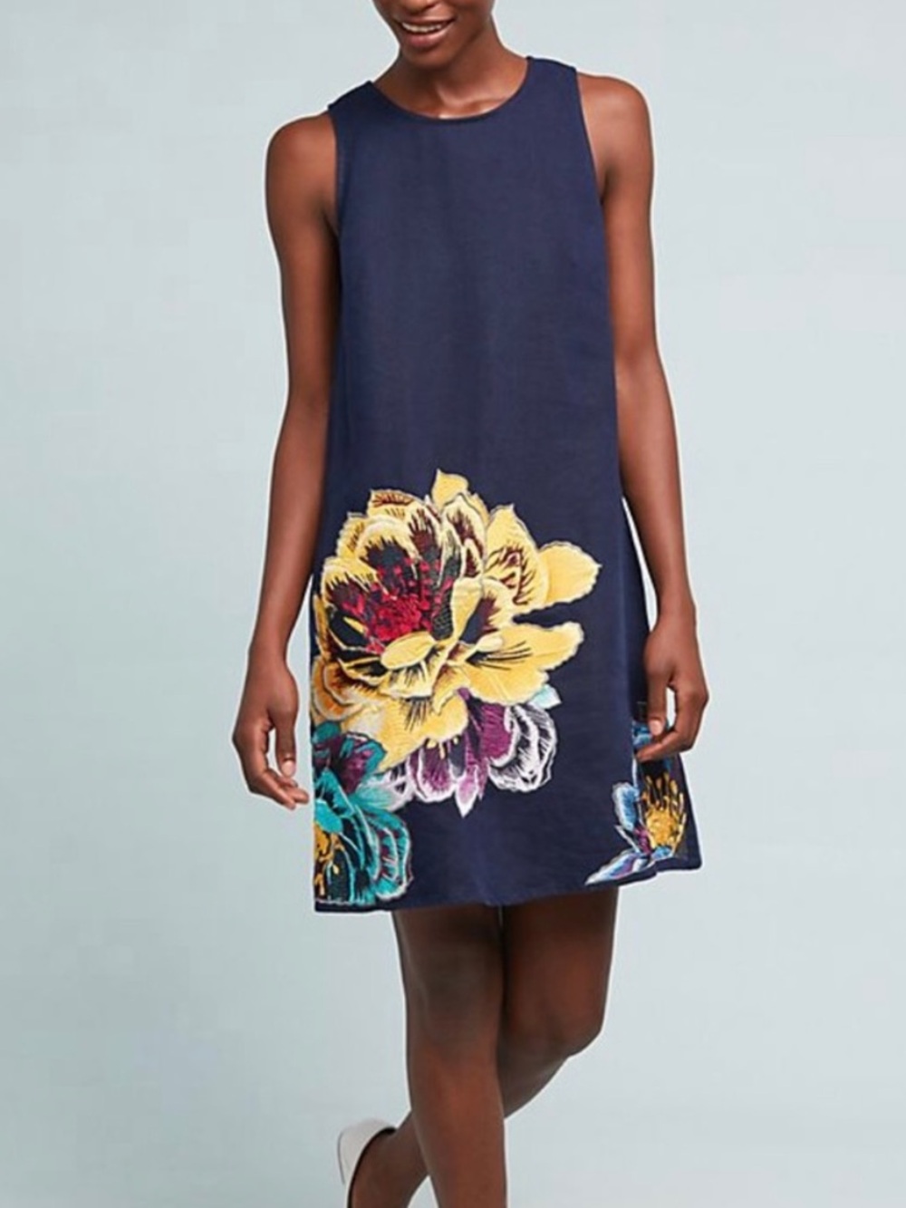 Anthropologie Maeve Posie Embroidered Navy Linen Mini Dress